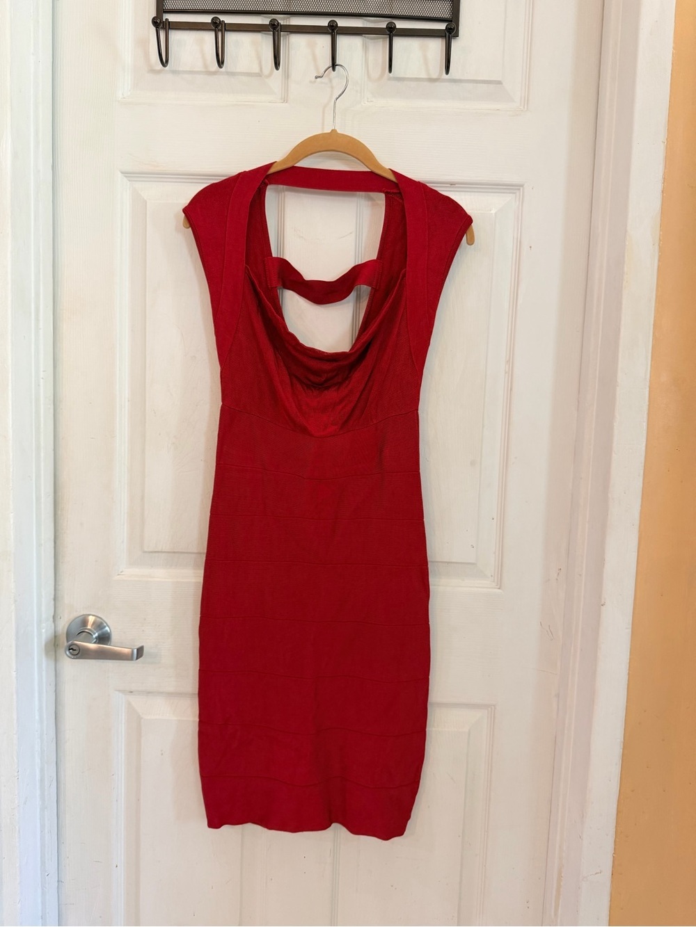 bebe Red Cowl Neck Midi Bodycon Dress
